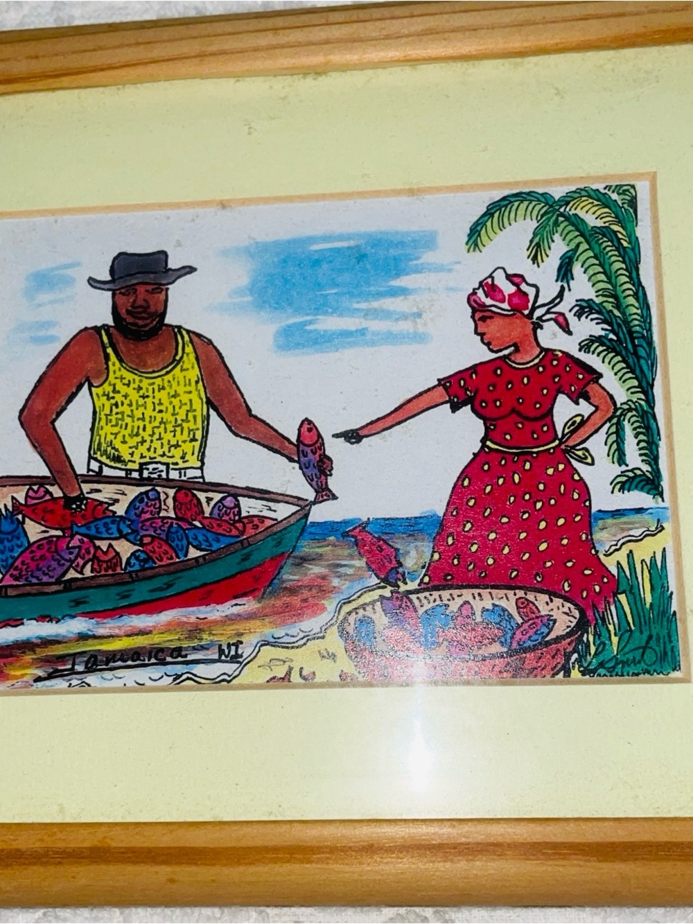 Caribbean islands folkart-vintage-Jamaica WI-fisherman’s catch-naive art-framed